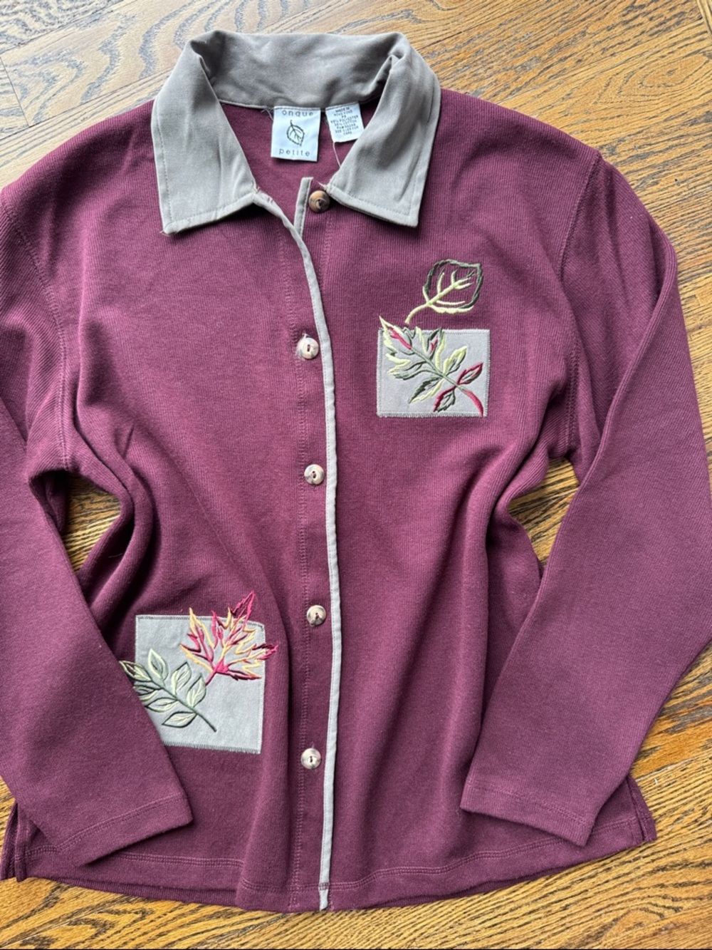 Onque Petite Vintage 90s NWT Deadstock Cottage Leaf Embroidered Cardigan Small